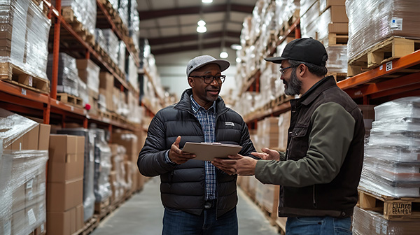 2 men consulting in a warehouse